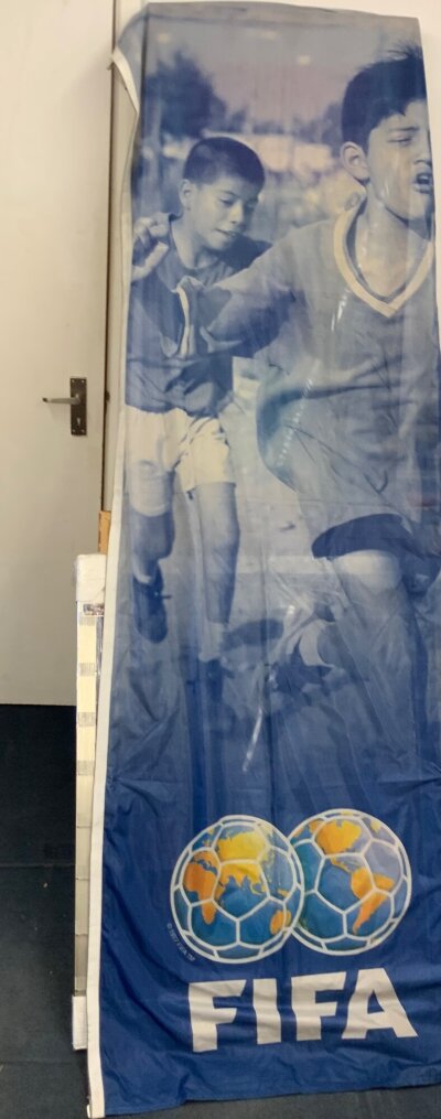 2002 World Cup Football Banners: Displayed in Japan and South Korea during the World Cup measuring around 8 feet high. Features Pele and Moore plus Dunga. (4)