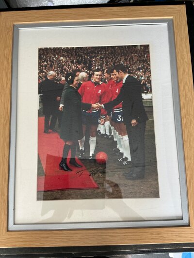 Chelsea 1970 FA Cup Final Signed Football Photo: Great shot of Ron Harris introducing Princess Margaret to the players. Nicely framed and mounted. Perspex has some scratching. Measures 60 x 50cm.