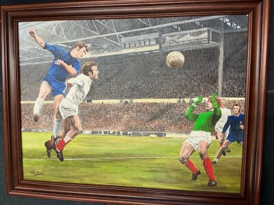 Chelsea 1970 FA Cup Final Football Painting: Oil painting on canvas with Osgood winning a header in the final at Wembley. Great action image with the old Wembley in the background. Measures 68 x 53cm in its frame.