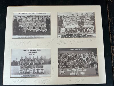 Chelsea Signed Mounted Football Photos: 4 different team groups from 1905 to 1998 which have been mounted. The mount is hand signed by 15 including Osgood Sexton Hudson Baldwin Parsons and Williemse.