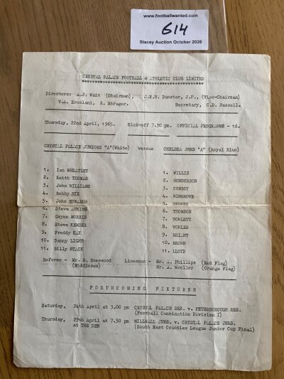 64/65 Crystal Palace Juniors v Chelsea A Football Programme: Large single sheet with folding but no writing. Dated Thursday 22 April 1965.