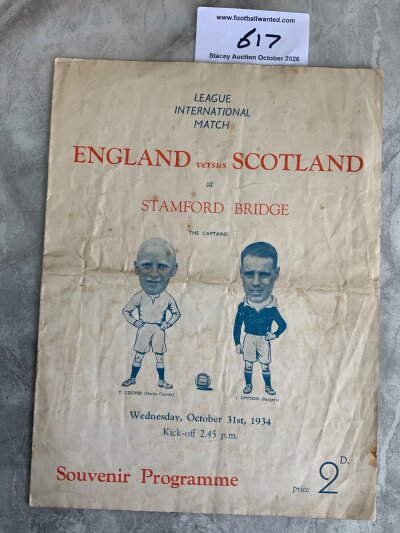 1934 Football League v Scottish League Football Programme: Fair condition played at Chelsea on 31 10 1934. Folding.
