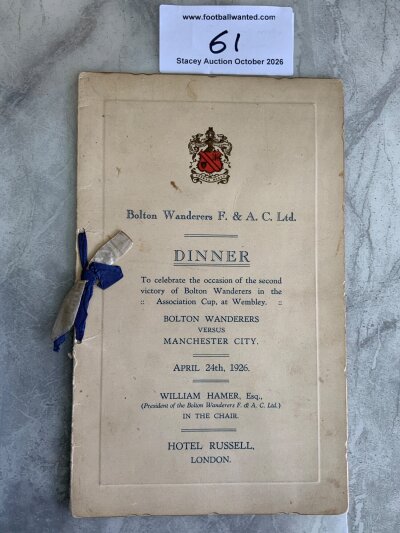 Bolton Wanderers 1926 Signed FA Cup Final Football Menu: Held in London the evening of the win over Manchester City. Lovely item with blue and white ribbons. Many autographs inside in which some are players.