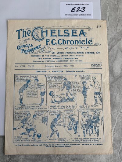 1921 1922 Chelsea v Everton Friendly Football Programme: Good condition friendly match due to both teams being out of the FA Cup. No team changes. Number 39 written to cover.