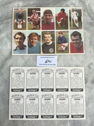 Uncut Complete Hornet 1970 World Cup Stars: All 72 cards from the set uncut in sets of 8 or 10. Includes B Charlton Ball Best Peters Hurst Gray and other big names. Mint.