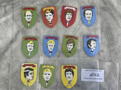 Babs Soccer Big Heads Football Cards: Caricatures of famous players in a shield shape with oversize heads to include Law + Charlton of Manchester United, Bobby Moore West Ham, McLintock + Sammels of Arsenal. Rare items. (11)