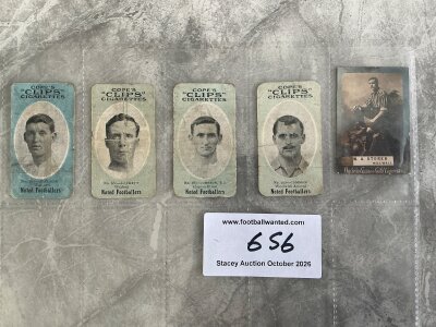 Copes Noted Footballers Football Cards: 4 cards from 1910 of players from Woolwich Arsenal Clapton Orient and 2 from Watford. C/W an 1890s Ogdens Guinea Gold card of Millwall player Storer. Below average condition with instructions to sell. (5)