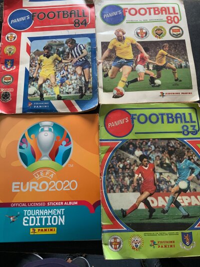 Panini Football Sticker Albums: Complete albums for Football 80, Football 83, Football 84 and an empty Euro 2020. Fair. (4)