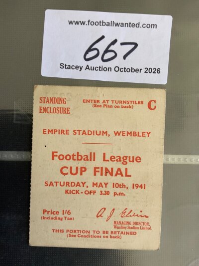 1941 FA Cup Final Football Ticket: Arsenal v Preston at Wembley in very good condition for what was officially called the Football League Cup Final.