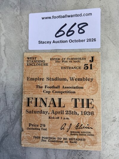 1936 FA Cup Final Football Ticket: Arsenal v Sheffield United in fair/good condition with a scuff to rear outer edge.