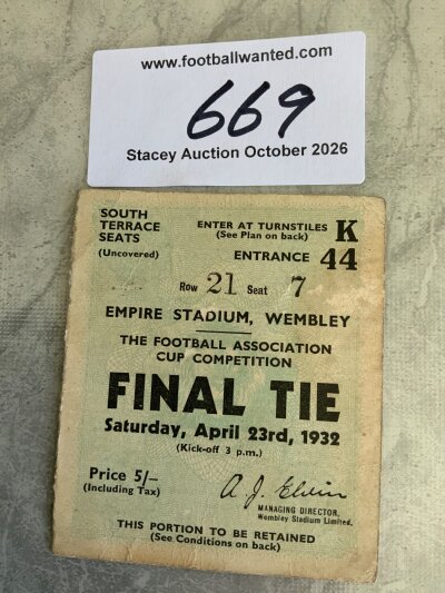 1932 FA Cup Final Football Ticket: Arsenal v Newcastle in fair/good condition with bit of staining more visible from rear.