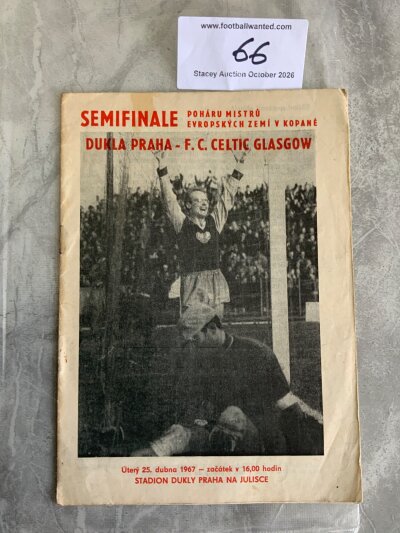 1967 European Cup Semi Final Football Programme: Dukla Prague v Celtic in good condition with tiny mark to cover. Very small tear to rear.
