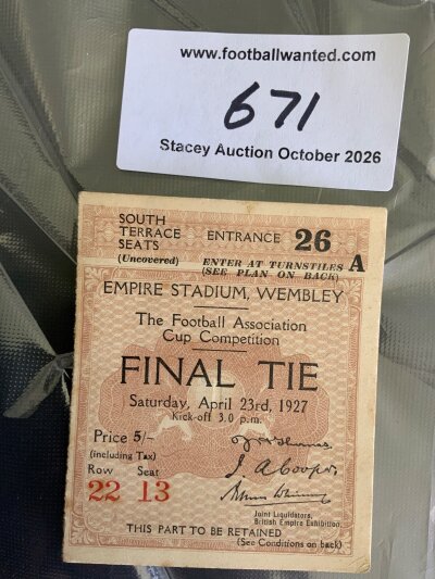 1927 FA Cup Final Football Ticket: Arsenal v Cardiff City in good condition with result written to rear a 1-0 win for Cardiff taking the cup out of England for the only time.