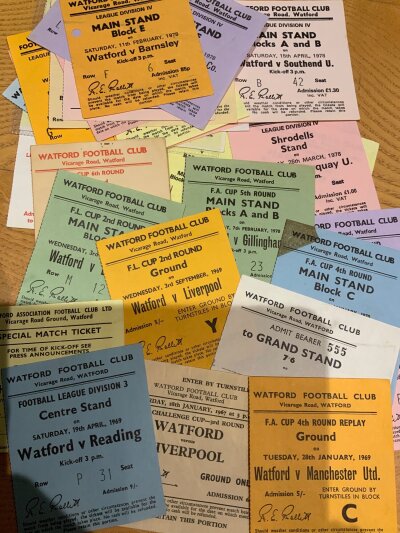 Watford Football Ticket Collection: some great home and away tickets in this not to be missed collection. Includes aways at 59/60 Southampton FA Cup x 3, Sheffield United FA Cup x 6, 60/61 Rotherham FA Cup, 64/65 Reading FA Cup, 66/67 Swindon, Liverpool FA Cup replay x 3, 67/68 Lowestoft FA Cup, 68/69 Swindon x 2, Cheltenham FA Cup x 2 69/70 QPR, 76/77 Hillingdon FA Cup x 2. Homes include 49/50 Preston FA Cup, 59/60 Birmingham FA Cup x 4, 28 from the 60s and 19 from the 70s. Excellent condition with duplication. (80+)
