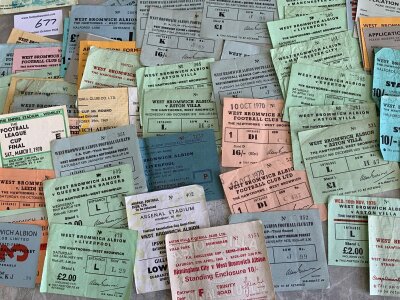 West Brom Football Tickets: Includes 1968 + 1978 FA Cup semi finals, 67/68 West Ham, Liverpool FA Cup, 69/70 Leeds, 70/71 Scunthorpe FA Cup, 72/73 Notts Forest FA Cup, Liverpool LC, QPR LC, 73/74 Aston Villa, 76/77;Aston Villa, 77/78 Liverpool x 3, West Brom, QPR. There is a wad of tickets with no dates or match details and there is duplication. Fair condition.