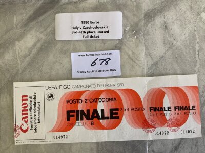 1980s Euros Italy v Czechoslovakia Football Ticket: Unused 3rd and 4th play off match ticket with all sections still intact.