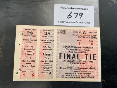 1963 FA Cup Final Proof Copy Football Ticket: Manchester United v Leicester City dated 4 5 1963. The ticket and both counterfoils sent to the FA to be approved. South stand pink ticket with no perforations.