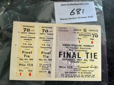 1963 FA Cup Final Proof Copy Football Ticket: Manchester United v Leicester City dated 4 5 1963. The ticket and both counterfoils sent to the FA to be approved. North terrace yellow ticket with no perforations.