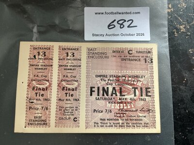 1963 FA Cup Final Proof Copy Football Ticket: Manchester United v Leicester City dated 4 5 1963. The ticket and both counterfoils sent to the FA to be approved. East standing brown ticket with no perforations.