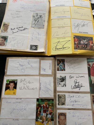Football Autographs In Scrapbook: 4 scrapbooks containing either white cards signed or magazine pictures which have been stuck in. Wide range of eras and clubs and signatures are identified. Includes Zola Ferguson Hoddle B Charlton Hurst Peters Collymore Vialli Seaman and others. A few dedicated to Kevin. (917)