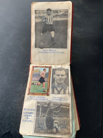 Football Autograph Book: From around 1950 often on a magazine picture or card and stuck down to page. Includes Burgess Rowley Scott Bartram Goulden and Bentley. (Est 50+)