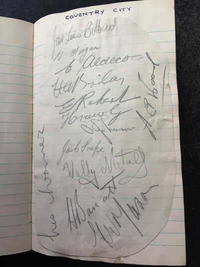 1940s Football Autograph Book: Nice old autograph book which was collected in the opposition changing room at Luton. Most are stuck into the book and often its a full team of 11 or more. Teams include Newcastle West Ham Tottenham Manchester United Arsenal Ipswich Southampton and many more teams including possibly a few reserve teams. Worth a look.