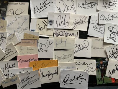 England Football Player Signed White Cards: Autographs mainly on white cards of players from all eras including Banks Newton Connelly Marsh Bonetti Coppell Le Tissier and more. There are around 50 with full list online.