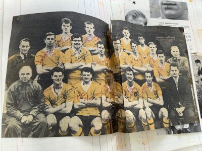 Signed Football Scrapbook: Cuttings from various publications some of which are signed. Couple of team groups including Mansfield and Colchester. Autographs coming unstuck from scrapbook as book looks mainly from the 60s.