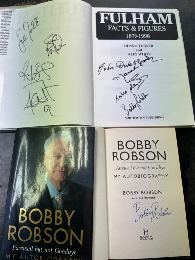 Fulham Multi Signed Football Book: Fulham Facts + Figures hardback book multi signed to include Brevit Cook Haynes Boa Morte and Robson. C/W signed autobiography of Bobby Robson. (2)
