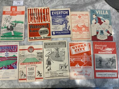 1940s + 1950s Charlton Away Football Programmes: 46/47 Sheffield United 47/48 Everton 48/49 Aston Villa 49/50 Liverpool 50/51 Derby 53/54 Sunderland Stoke. The newest is 54/55 Sheffield United. Excellent. (10)