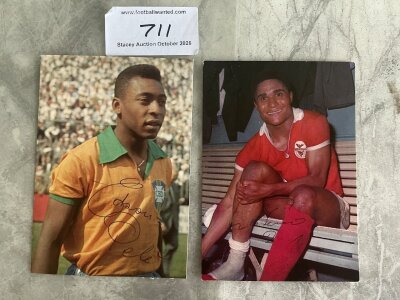 Pele + Eusebio Signed Football Postcards: Previously stuck down Aral German postcards of players in Brazil and Portugal kit. Hand signed without dedication with Peles full signature. (2)