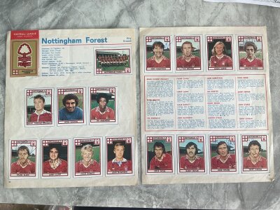 78/79 Nottingham Forest Signed Panini Football Sticker Album Pages: Hand signed by all 14 players plus manager Brian Clough and team group is signed by his assistant Peter Taylor. Includes Burns Curran Withe McGovern Clark Anderson Shilton Bowyer and others. Produced at the beginning of the 78 season so a few European Cup winners not included as they joined in the season.
