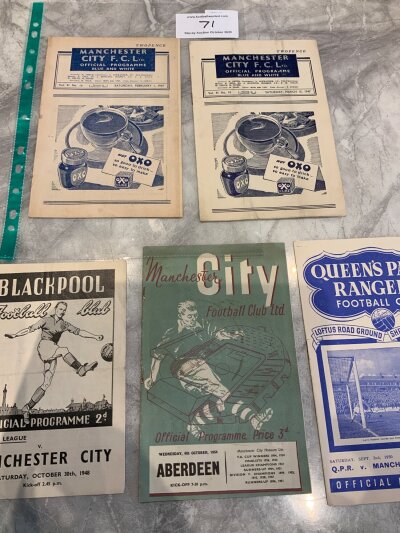 Manchester City Football Programmes: Home 46/47 Tottenham Birmingham, 54/55 Aberdeen, Away 48/49 Blackpool, 50/51 QPR. Very good. (5)