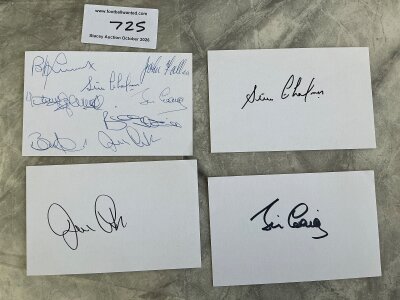 Celtic 1967 European Cup Winners Signed Card: White card signed by 8 of the winning Lisbon Lions team including Craig Lennox Chalmers Clark and sub Fallon. There are also 3 separate white cards signed by Chalmers Craig and Clark. (4 cards)