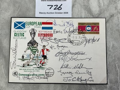 Celtic 1970 European Cup Final Signed FDC: First day cover hand stamped 6 5 1970 detailing the final between Celtic and Feyenoord. Hand signed by 12 Celtic players to include McNeil Murdoch Johnstone Lennox Wallace Hughes Williams Auld and Hay.