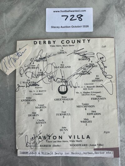 68/69 Derby County Signed Team Page: Cut out from programme from the season they were 2nd division champions. 8 have signed the page and Hinton has been attached. Includes Hector Mackay and Durban.