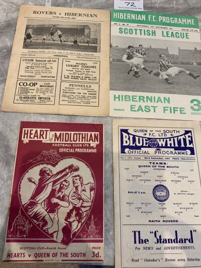 Scottish Football Programmes: 51/52 Hibernian v East Fife, Queen of the South v Raith, Doncaster Rovers v Hibernian, 52/53 Hearts v Queen of the South. Excellent. (4)
