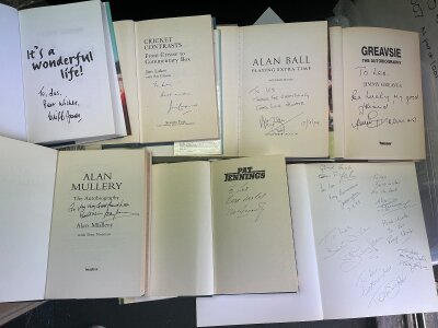 Signed Football Books: All collected by and dedicated to Les. Includes Ball Greaves Jones Mullery Jennings Neill Wright and a multi signed Liverpool book by Callaghan Kennedy St John Hunt and Smith. (14)
