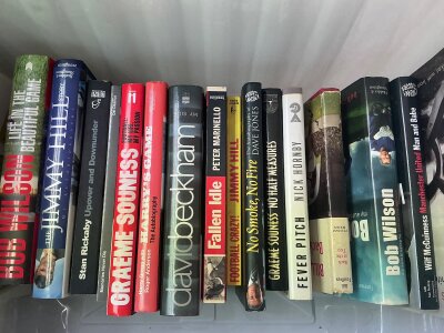 Signed Football Books: All without dedication to include Beckham Greaves Wilson Foulkes Marinello Hill Souness Matthews and others. (17)