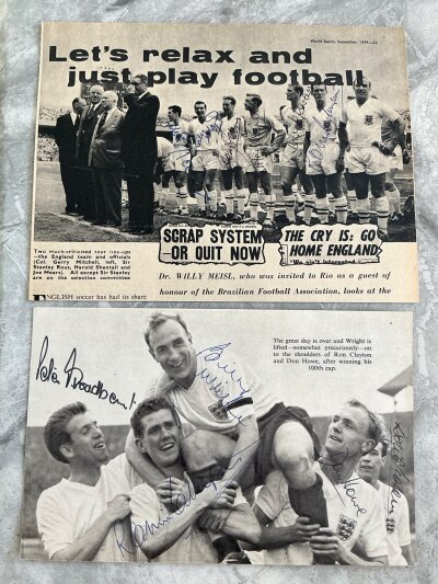 England Signed Football Magazine Pictures: 1959 team group signed by 6, whole page picturing B Charlton McNeil Swan Haynes and Flowers signed by all. Other signatures include Greaves Matthews Lofthouse and smaller ones of Finney Merrick Sewell Phillips Wright Clayton Howe and Broadbent.