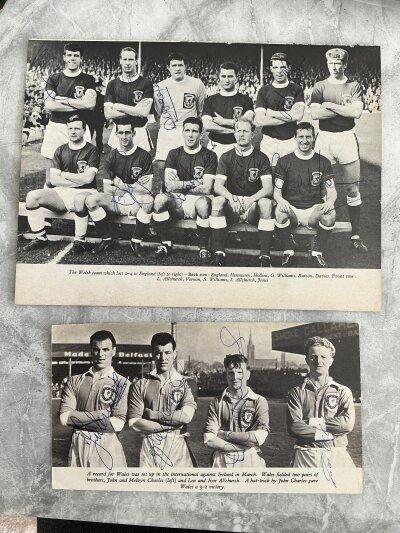 Wales 1950s Football Legends Signed Pictures: Magazine pictures full page of John Charles, Ron Burgess v England and Cliff Jones. Full page team group signed by 8 and a smaller picture of the Charles and  Allchurch brothers signed by all 4.