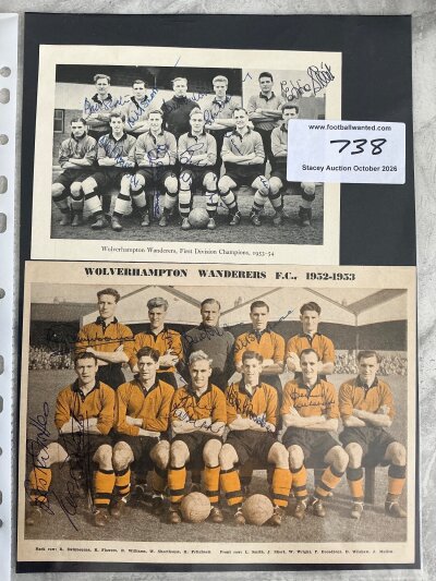 Wolves 1950s Signed Football Team Group Magazine Pictures: 53/54 division one champions signed by 10 and 52/53 colour picture signed by 8.