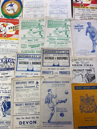 1950s Football Programmes: includes homes of Bradford City Bolton Bradford Park Ave Hartlepool Gateshead Leeds and more. There are a couple of early 60s included. Good. (27)