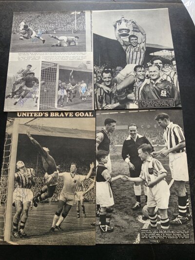 Aston Villa 1957 FA Cup Final Signed Football Pictures: Full page picture of semi final captains signed by Barlow and Dixon, match action from the final signed by Sims Lynn Dixon Crowther McParland Smith and Charlton Blanchflower and Wood of Manchester United. Full page of team celebrating with the cup signed by 4, Villa team group signed by 9 and a double page signed by 9. Nice genuine items. C/W 3 letters on headed paper from the 50s and 60s addressed to Everton.