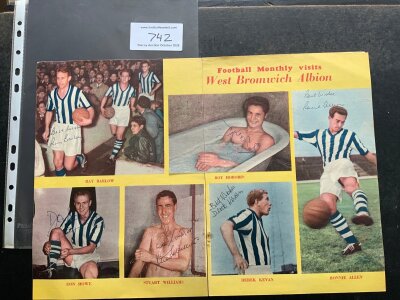 West Brom Football Memorabilia: Double page magazine pictures signed by Allen Kevan Barlow Howe Williams and Horobin. C/W 1984 cheque from West Brom to Tottenham, 3 letters from 61/62 a further from 1959 plus letters to West Brom from Rangers and Northampton.