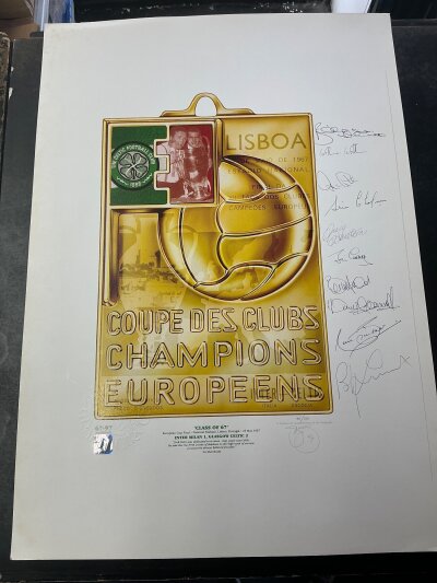 Celtic 1967 Signed Lisbon Lions Football Print: Limited edition 35/100 from reputable source. 30 years anniversary print is hand signed by 10 of the winning team excluding Murdoch.