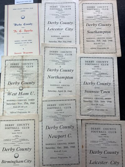 1940s Deby County Home Football Programmes: 44/45 x 2, 45/46 x 10, 46/47 x 3 including Sparta, 47/48 x 2 plus 48/49 Manchester United. Good. (18)