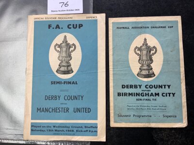 1946 + 1948 FA Cup Semi Final Football Programmes: Derby County matches v 46 Birmingham small tape and 48 Manchester United. Good with folds. (2)