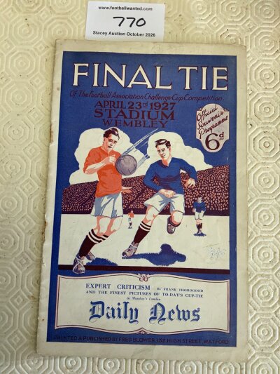1927 FA Cup Final Football Programme: Arsenal v Cardiff City which has staples removed. One team change and overall good.
