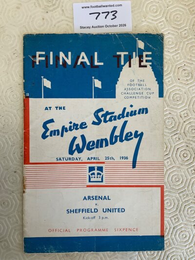 1936 FA Cup Final Football Programme: Arsenal v Sheffield United which has rusty staples rotted away. No team changes and overall fair/good.